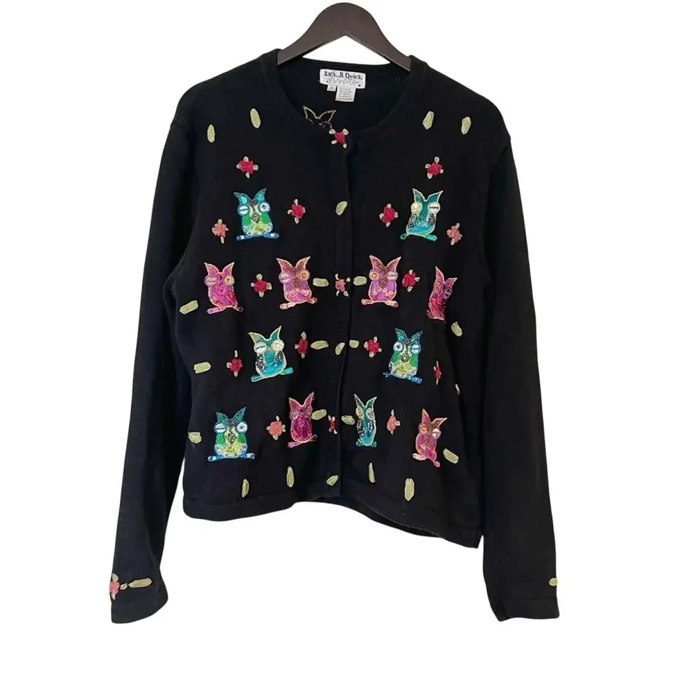 Jack B. Quick Y2k Beaded Owl Embroidered Abstract Knit Cardigan Sweater